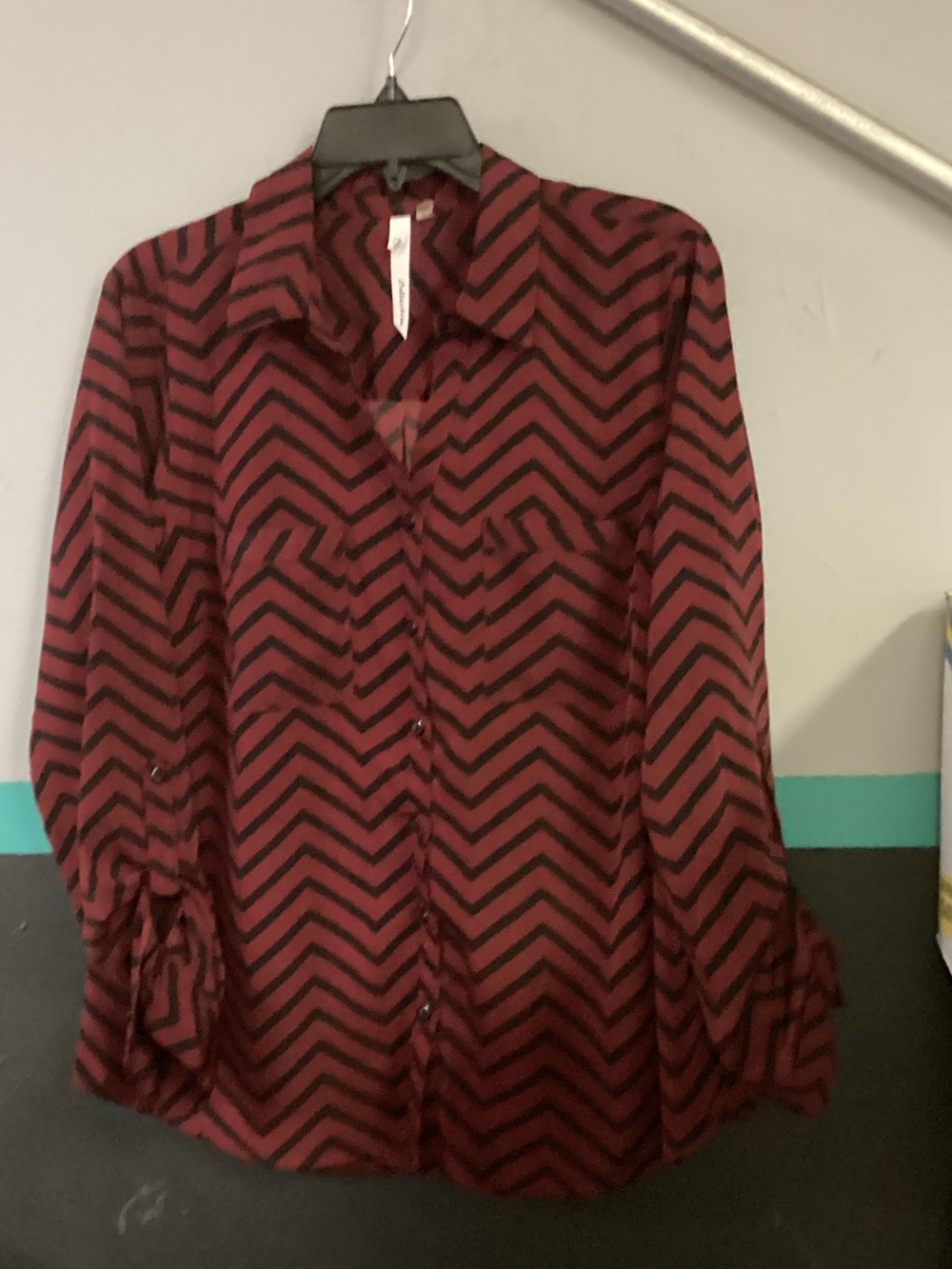 NY Collection Chevron Button-Down Blouse - Burgundy and Black